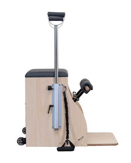 Wooden exercise machine with wheels and handle on a white background